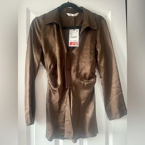Brand new silk brown long sleeve button down from zara